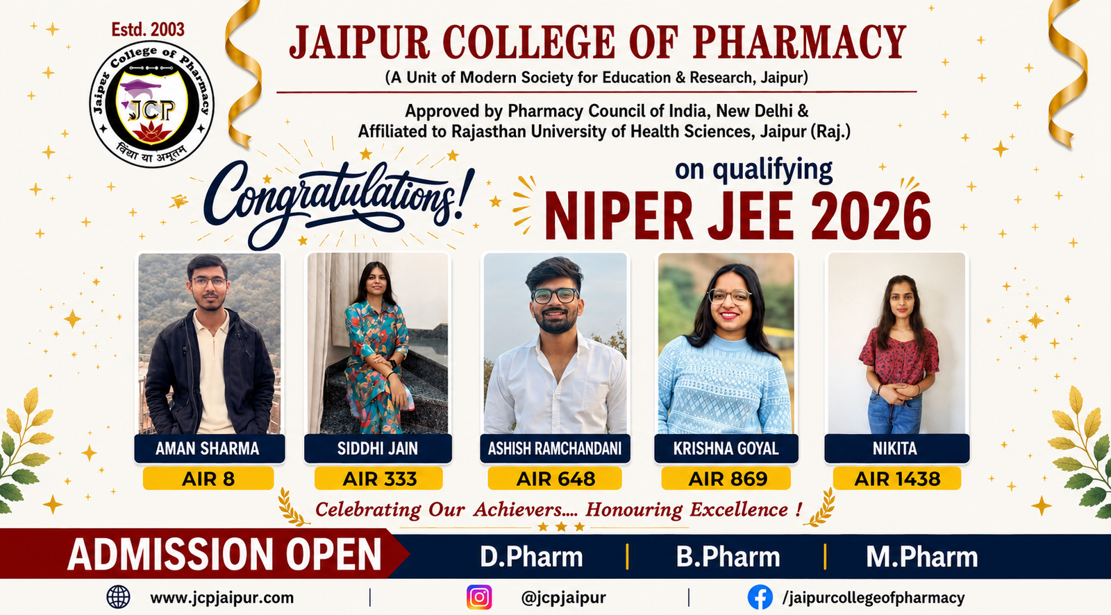 Jaipur College of Pharmacy student achievement highlight